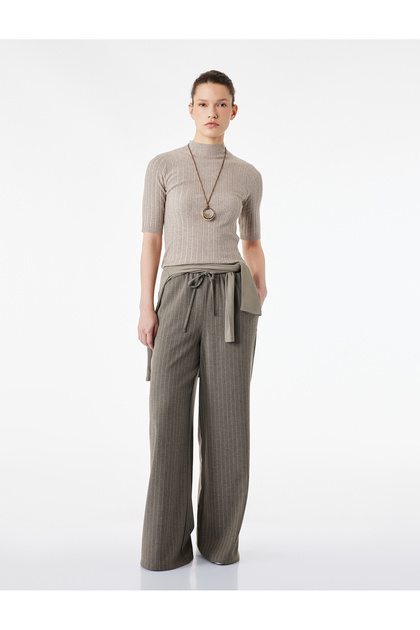 Wide Leg Striped Trousers with Belted Laces and Pockets
