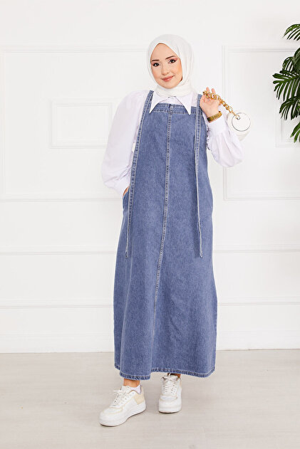 EBRUTESETTR Modest Denim Salopet Dress with Side Pockets Blue- Trendyol