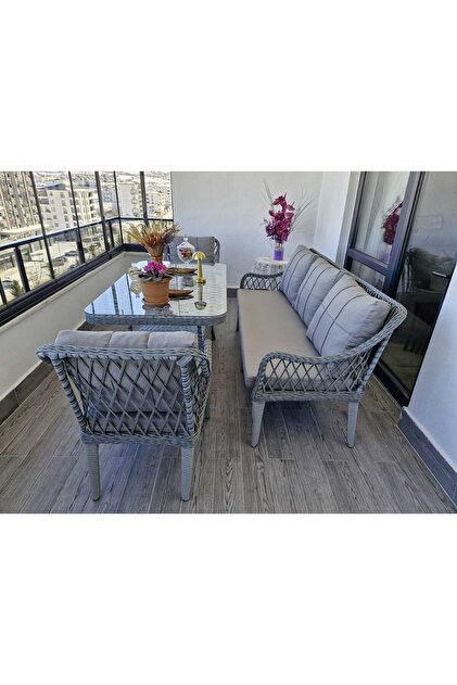 KAŞ ALÜMİNYUM 3+1+1+MASA RATTAN BAHÇE BALKON MOBİLYASI,RATTAN GRİ/KUMAŞ GRİ