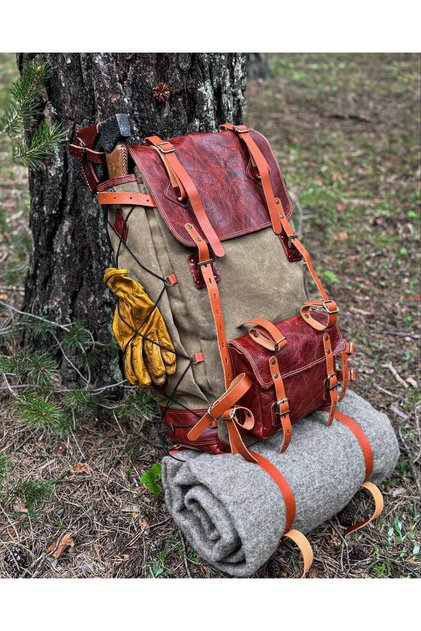 60 Litre El Yapımı Gerçek Deri Bushcraft Sırt Çantası , Su Geçirmez Mumlu Kanvas Kumaş Kamp Çantası