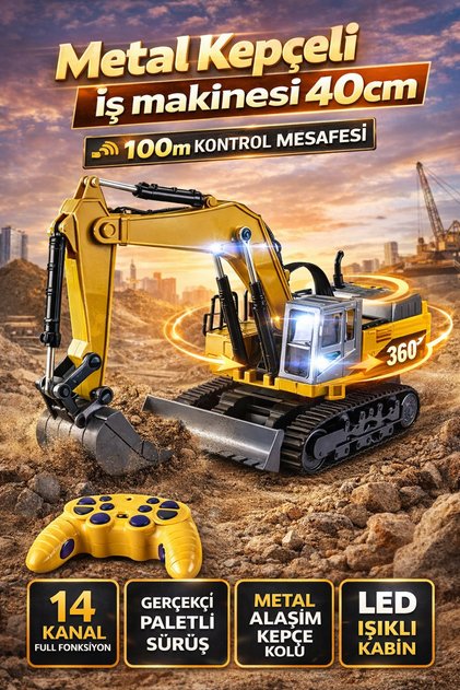 14 Kanal Metal Kepçeli Uzaktan Kumandalı İş Makinesi 40cm | 360° Dönen Paletli Işıklı RC Excavator