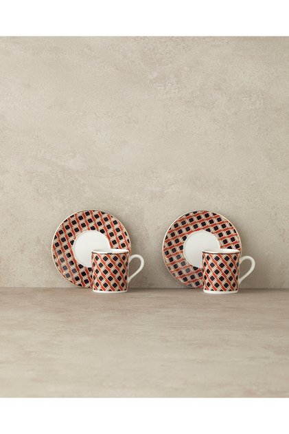Modern Cube Bone Porcelain Coffee Cup Set 4 Pieces for 2 People Orange