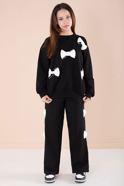 Black Bow and Pearl Detailed Girls' Crew Neck 2-Piece Tracksuit Set 21205