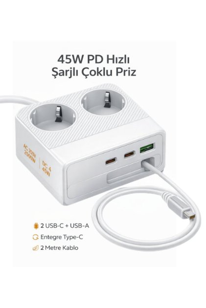 45W PD Hızlı Şarjlı 2’li Akım Korumalı Priz | 2x Type-C + USB-A | 2500W | Çoklu Şarj İstasyonu