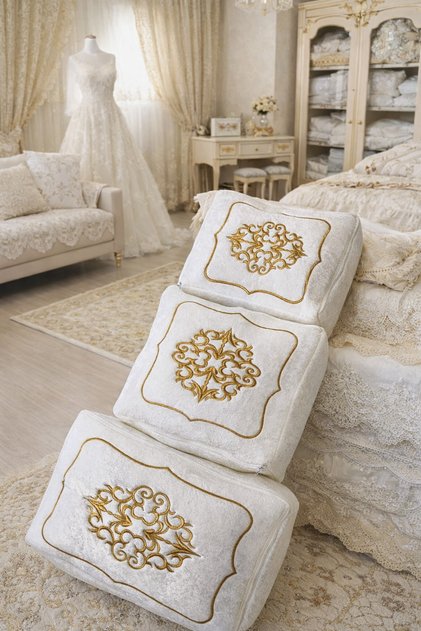 3-Piece Bag Set Dowry Engagement Bundle Bridal Bundle Bridegroom Bundle Velvet Gold Embroidered Cream