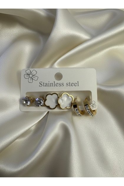 Gold Color Steel 6-Piece Earring Set - Pearlescent Flower and Baguette Stone Combination Earrings