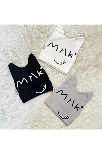 Siyah Beyaz Gri 3’'lü Milk Figürlü Kız Erkek Bebek Çocuk Penye Şapka Bere