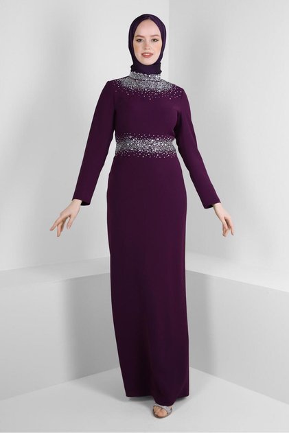 Rhinestoned Collar and Waist Evening Dress 50377