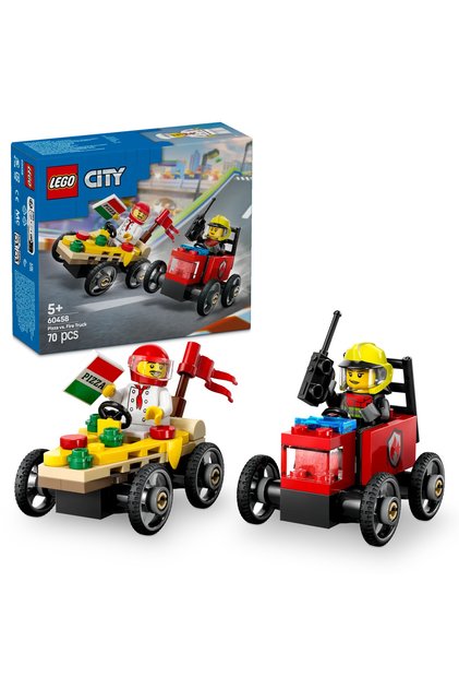 City 60458 Pizza Car vs Fire Truck Race Pack 70‑Piece Set Ages 5+