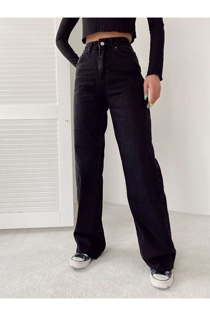Black Lycra Super High Waist Loose Jean Trousers. (super High.) Wide Leg.