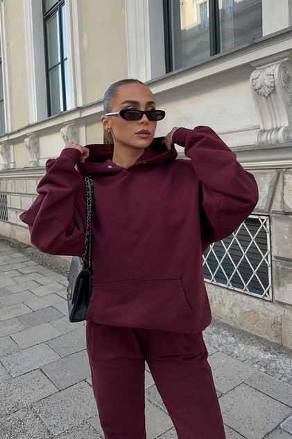 Women's Oversized Cotton Plain Hooded Sweatshirt Claret Red