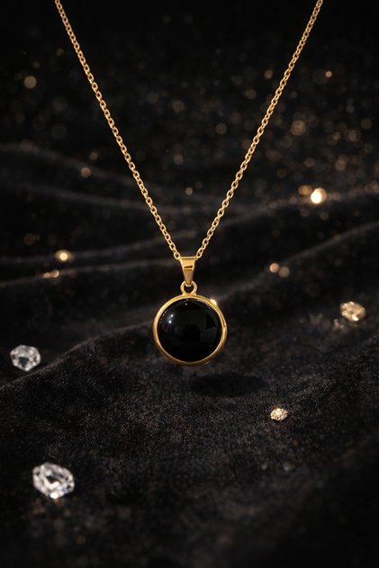 Obsidian Stone Round Shaped Gold Steel Chain Necklace Throat Chakra