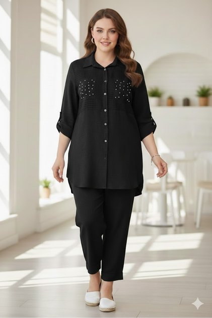 Plus Size Women's Linen Tunic Shirt and Pants Set