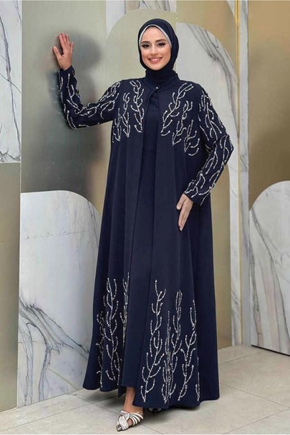 KADIN LACİVERT YELEKLİ ELBİSELİ ABİYE TAKIM T 9293