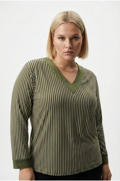 V Neck Blouse – Ribbed Neckline and Cuffs, Relaxed Fit