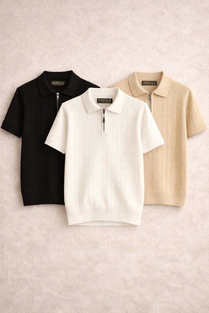 Knitted polo collar zippered men's T-shirt 3-piece set