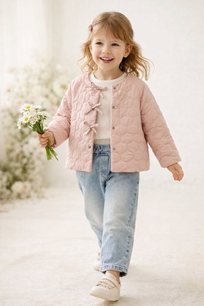 Girl's Quilted Jacket Set – Bowknot Coat, Knit Blouse and Jeans 3-Piece Set