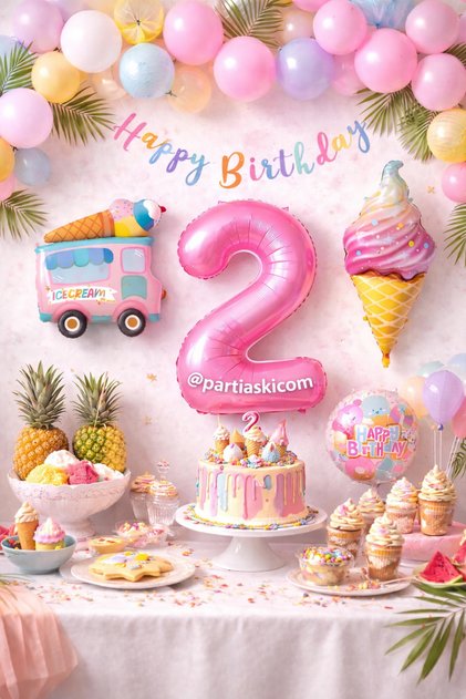 2 Yaş Dondurma Temalı 5'li Balon Seti & Kız Çocuk-Bebek Ice Cream Yaz Konsepti Doğum Günü Partisi
