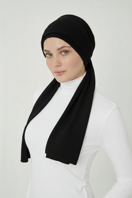 Corded Fabric Combed Cotton Binding Black Ready-To-Wear Turban Hijab Cap Suitable for Medical Use