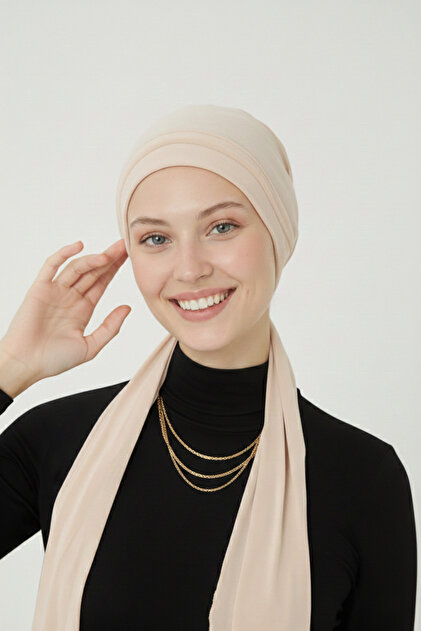 Tie-On Beige Ready-Made Turban Hijab Cap Suitable for Medical Use