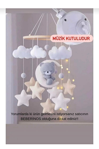 Müzikli Kahve Kremli Gri Ayıcık Bebek / Çocuk %100 El Yapımı Bebek Beşik Süsü Dönence