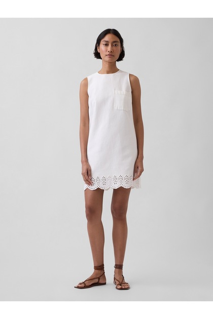 Kadın Beyaz Eyelet Hem Mini Shift Elbise