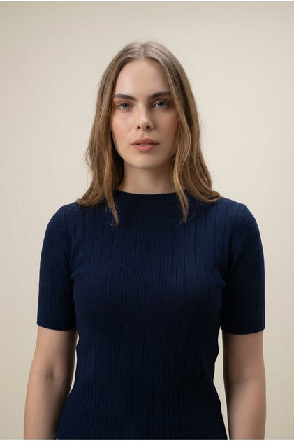 Basic Short Sleeve Navy Blue Women's Knitwear Blouse