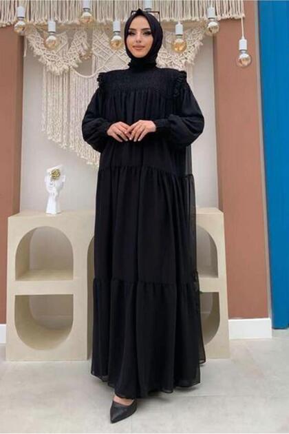 KADIN SİYAH BÜZGÜLÜ DİK YAKA FIRFIRLI ŞİFON ELBİSE 1153