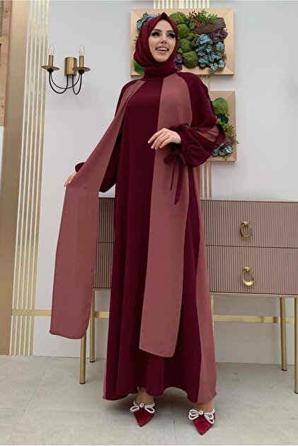 KADIN PEMBE (GÜLKURUSU) İKİ RENKLİ MANŞETLERİ BAĞLAMALI ELBİSE T 9973