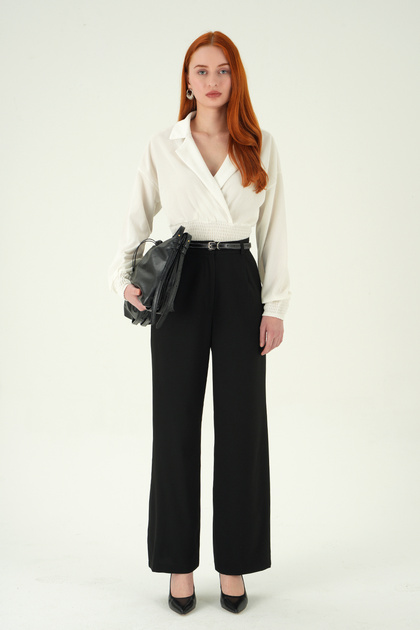 Black Front Pleated Belt Piece Pants 8399A
