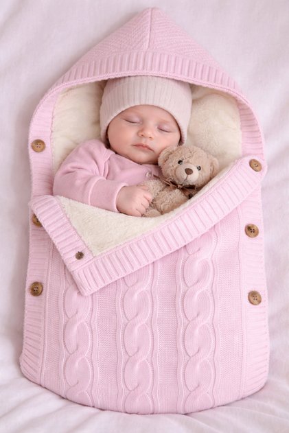 100% Organic Fleece Inside Hooded Knitwear Baby Swaddle with Button Detail 75 X 40 cm 1068