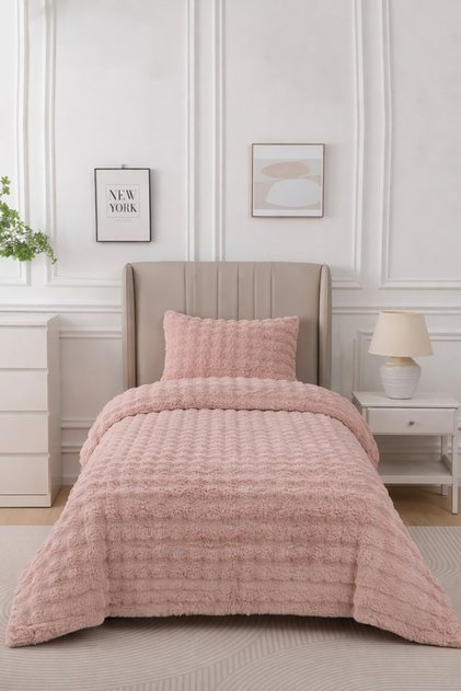 Loria Powder Pink Single Plush Bedspread (160X220 - 50X70)