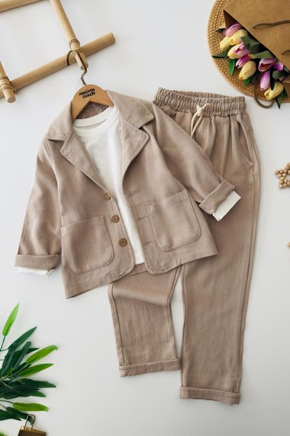 Minimalist Linen Blazer Jacket and Elastic Waist Trousers Boys' 3-Piece Suit - Vizo