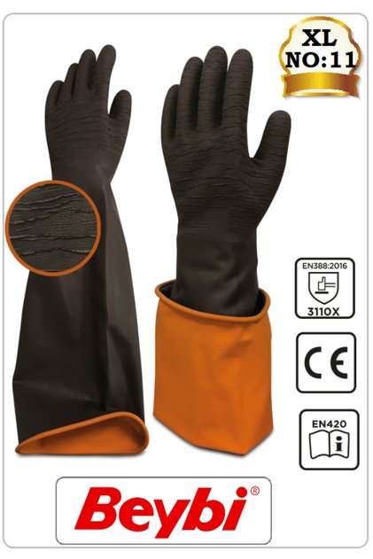 H2-60EXT KORUN UZUN (60 CM) SİYAH TIRTIKLI ASİT ELDİVENİ (NO:11/XL) İŞ ELDİVENİ