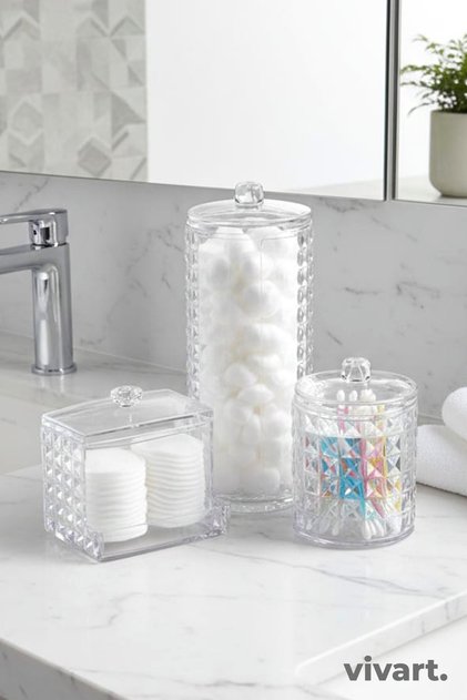 3-Piece Diamond Series Covered Bathroom Organizer, Makeup Cotton and Cotton Swab Storage Container