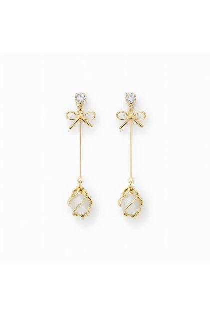 Cercei aurii lungi eleganti cu opal si pietre zirconiu, model cu funda