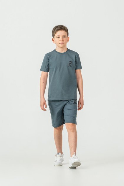 Top Front Print Bottom Snap Fastener Left Leg Print Boys' Shorts - T-Shirt Set