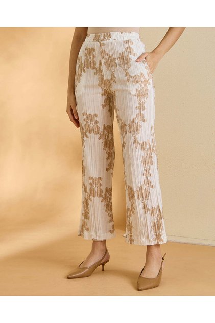 Women White And Beige Straight Fit Trousers