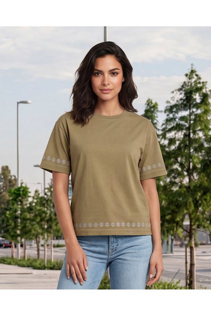 Women Green Embroidered Detailed Jersey Tshirt
