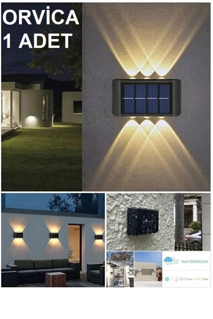 BEYAZ IŞIK 1 Adet 6 Ledli Modern Solar Çift Taraflı Aplik Güneş Enerjili Duvar Bahçe Aydınlatma