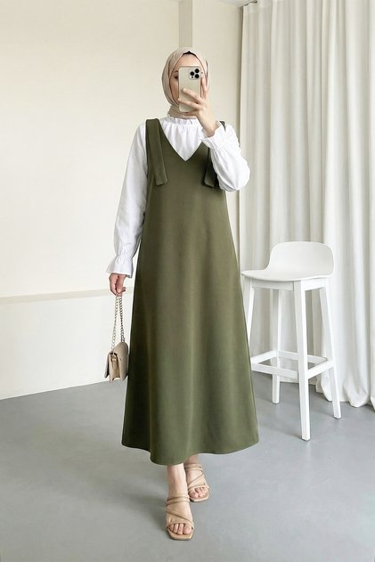 Shoulder Lace Detailed Plain Dabl Jile - Khaki