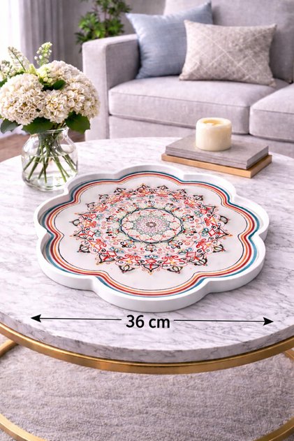 36 cm Floral Patterned Glass Decorative Tray | Mediterranean Breeze | Shine Anatolia Rosace Colorful Flower Mo
