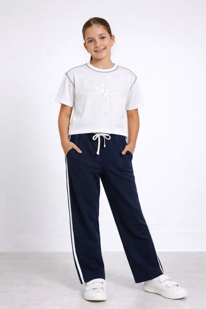 Girls 2 Pc Set Classy Embossed Top & Pants Set – White & Navy