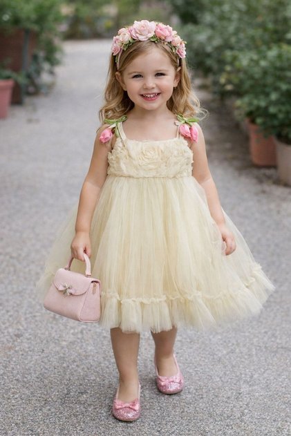 Girls' Strappy Tulip Detail Rose Embossed Part and Birthday Dress