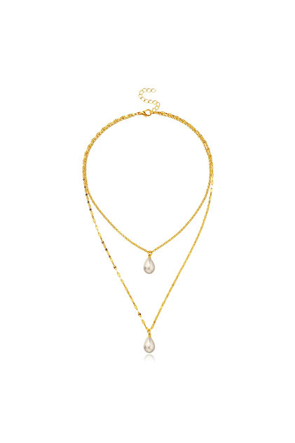 Lant dama, model dublat cu pandantiv margele, delicat, tematica I love pearls, auriu, EFAYN