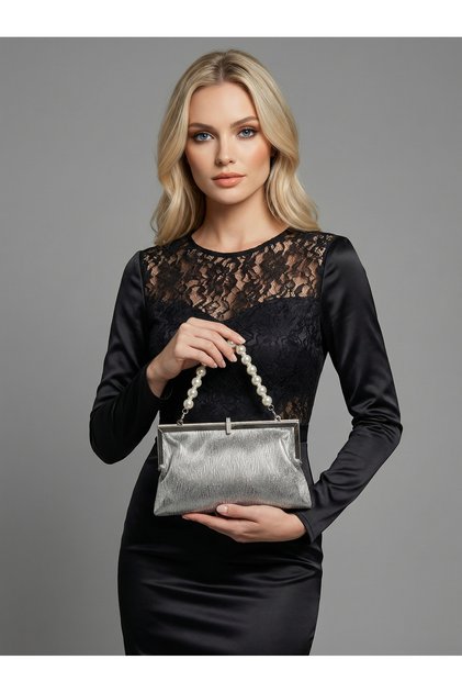 Platinum Color Soft Leather Metal Stone Pearl Detailed Chain Strap Crystal Stone Women's Evening Dress Bag