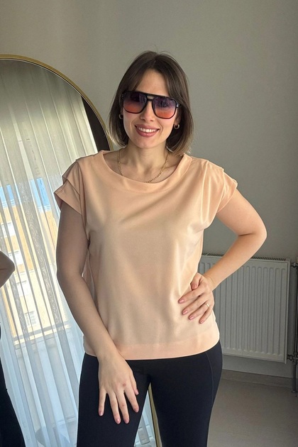 Omuzları Drapeli Petek Kumaş Pudra Bluz