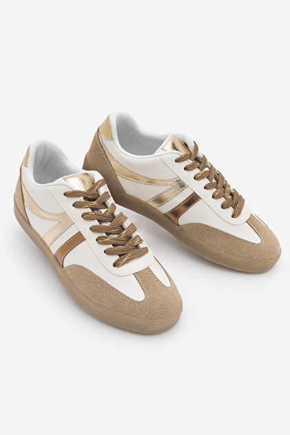 Marjin Kadın Sneaker Bağcıklı Düz Taban Spor Ayakkabı Tiyone Altın