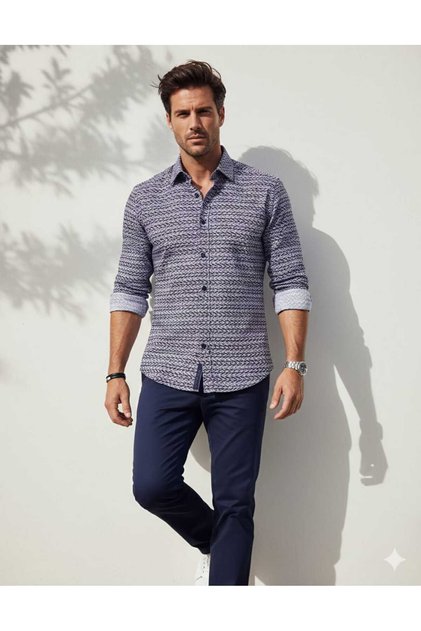 Modern Long Sleeve Men's Shirt with Moving and Flowing Wave Pattern