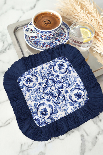 Baroque Stylish Fringed Presentation Decoration Handkerchief - Elegant Blue Mediterranean Style Navy Blue Fringed Coffee Napkin